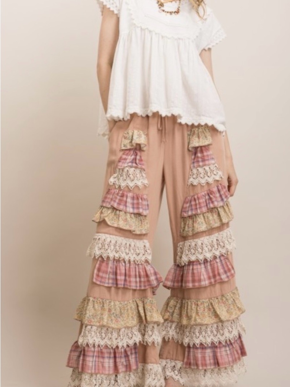 Boho Tiered Ruffle Wide-Leg Pants in Dusty Rose - Picture 4 of 10